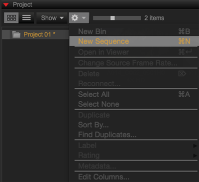 Create New Sequence from Gear Menu